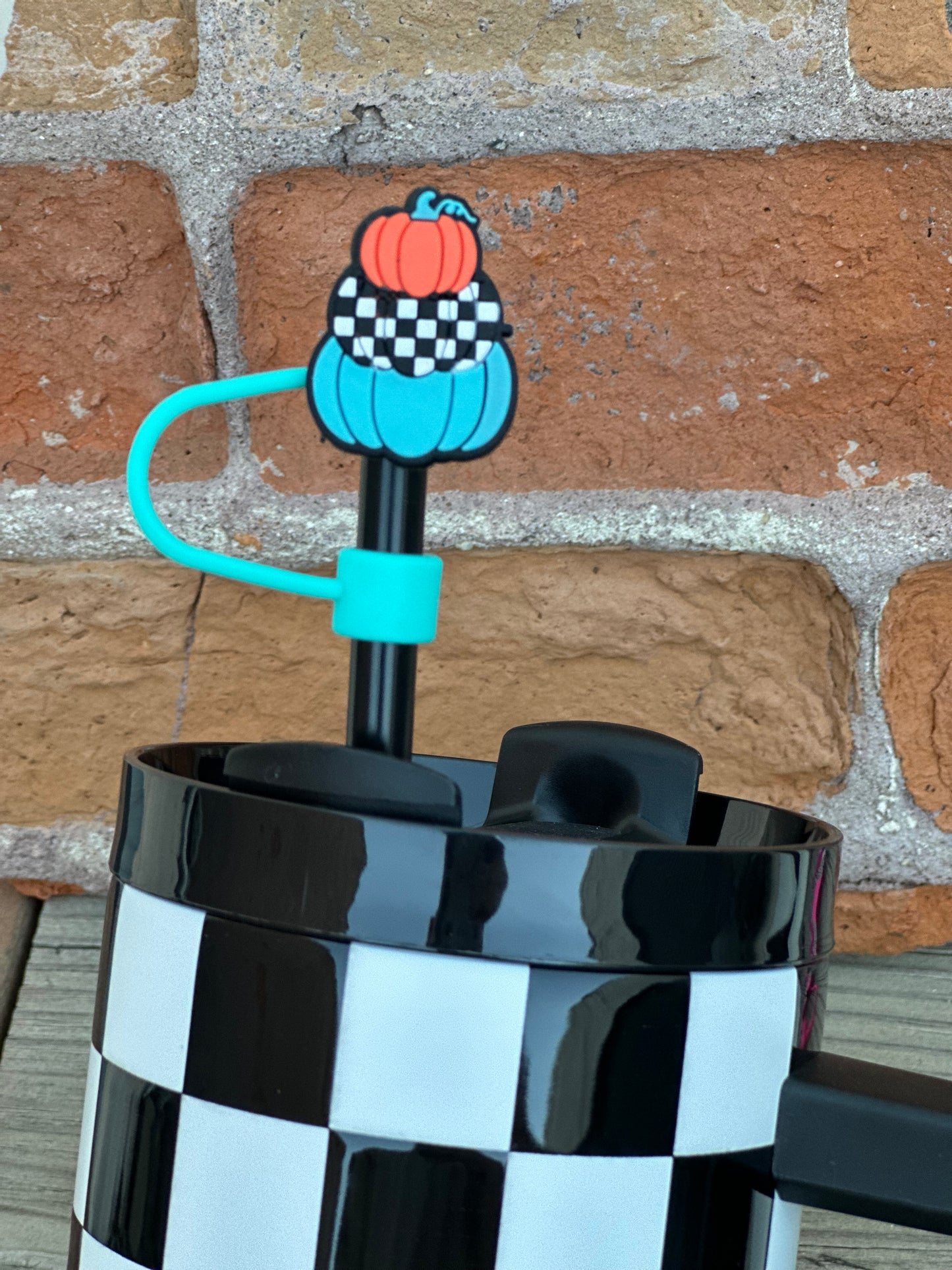 Stacked Checkered Pumpkin Teal Straw Topper