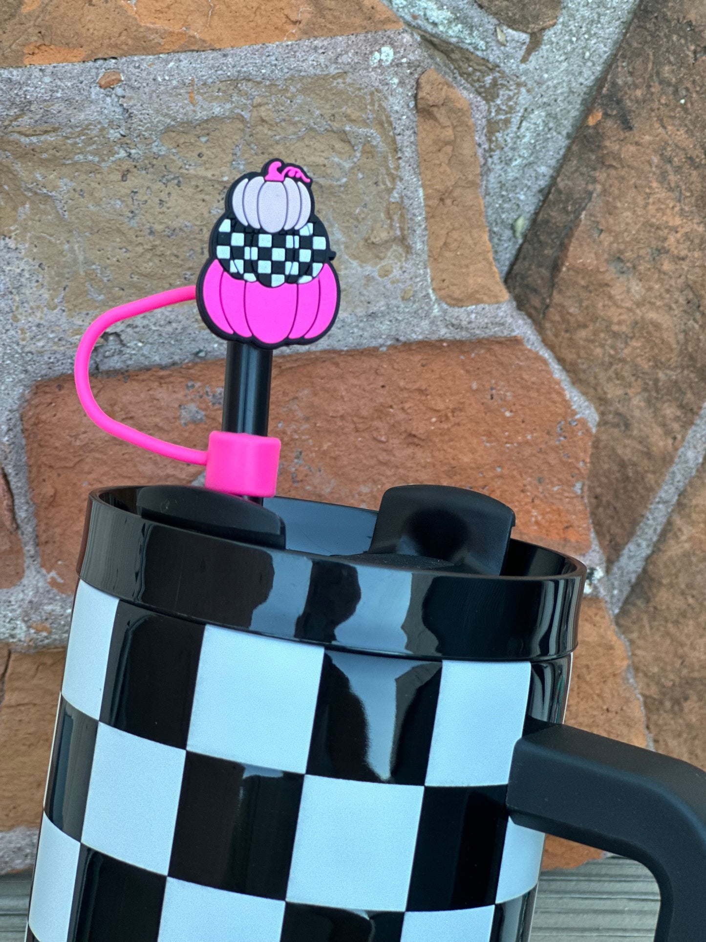 Stacked Checkered Pumpkin Pink Straw Topper