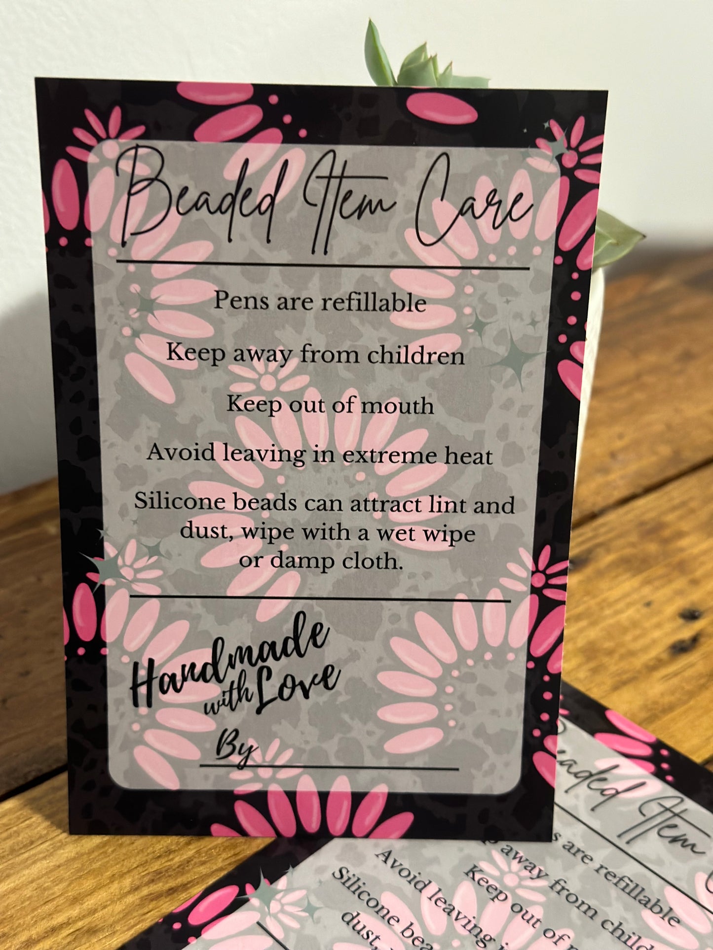 Pink Squash Blossom Beaded Item Care Card