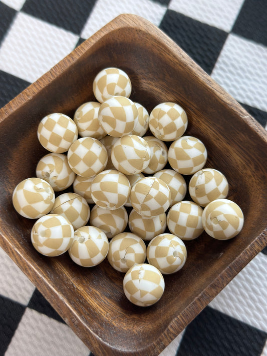 Tan Checkered Printed Bead