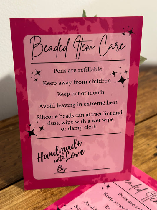 Hot Pink Cow Hide Beaded Item Care Cards