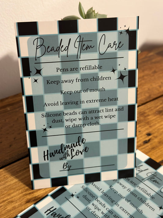 Beaded Item Care Card Checkered Blue