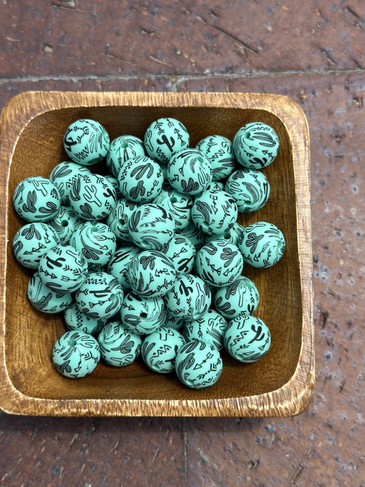 Mint Cactus Printed Beads